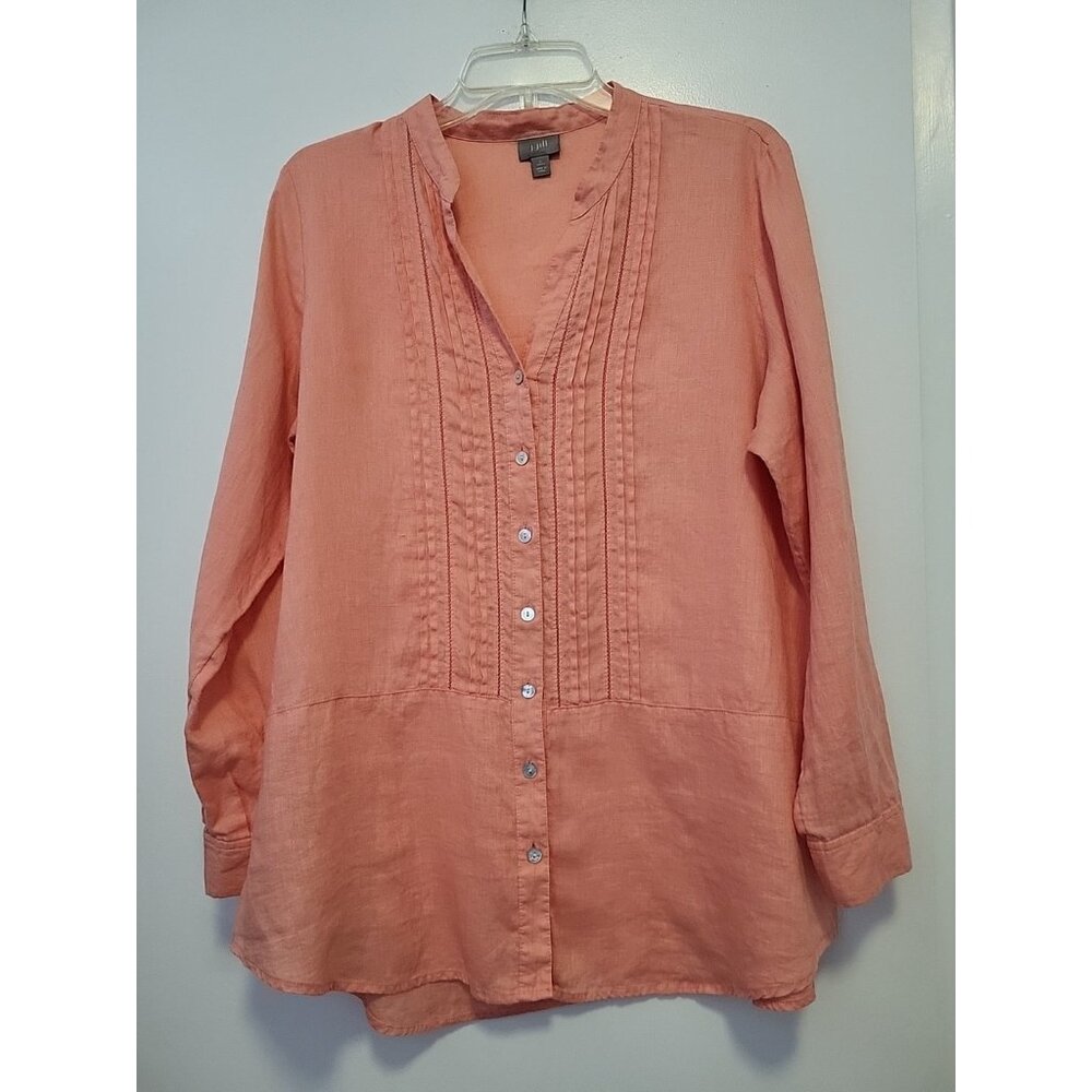 J. Jill 100% Linen Tunic Top Beachy Pleated Button Front  Peach Large